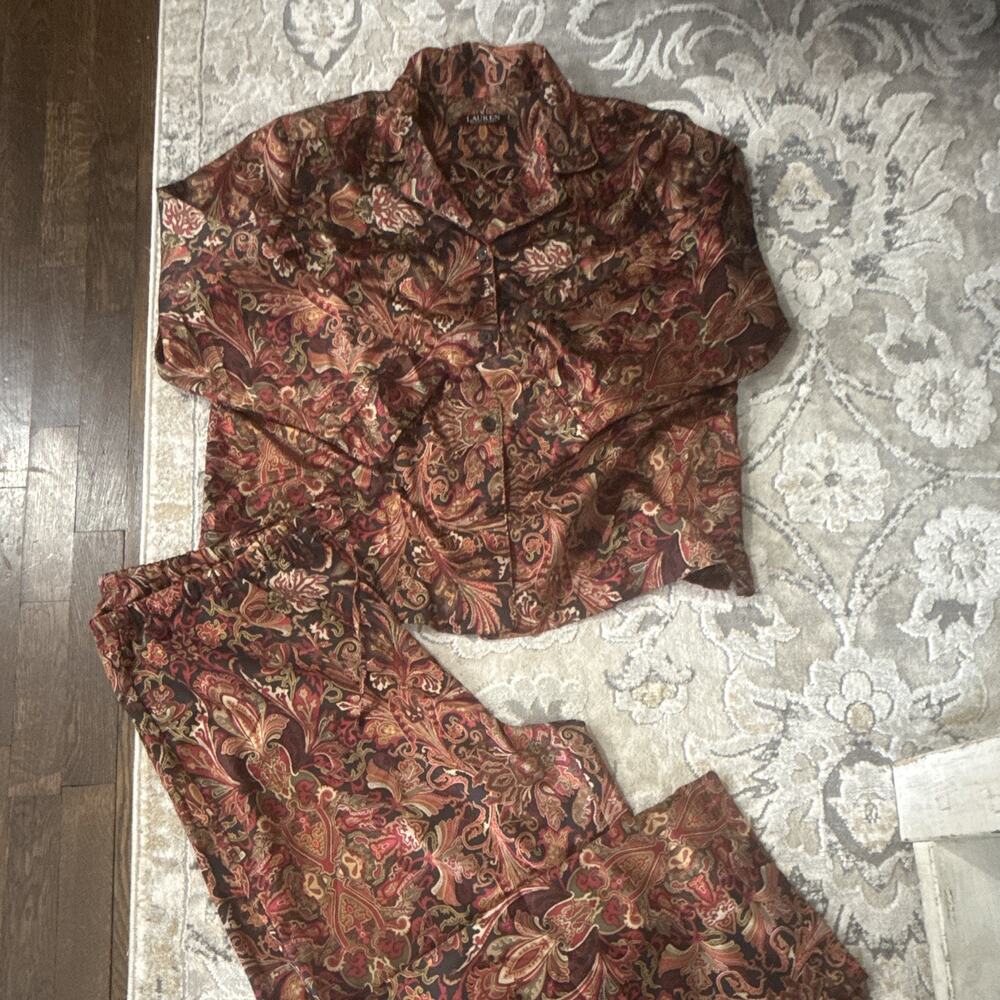 Lauren Ralph Lauren Women’s 2XL Plus Satin Paisley Button-Front Pajama Set Silky